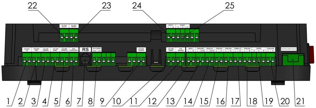 Panel sterujący sterownika EL-583 1 - Czujnik C.O. 2 - Czujnik C.W.U.
