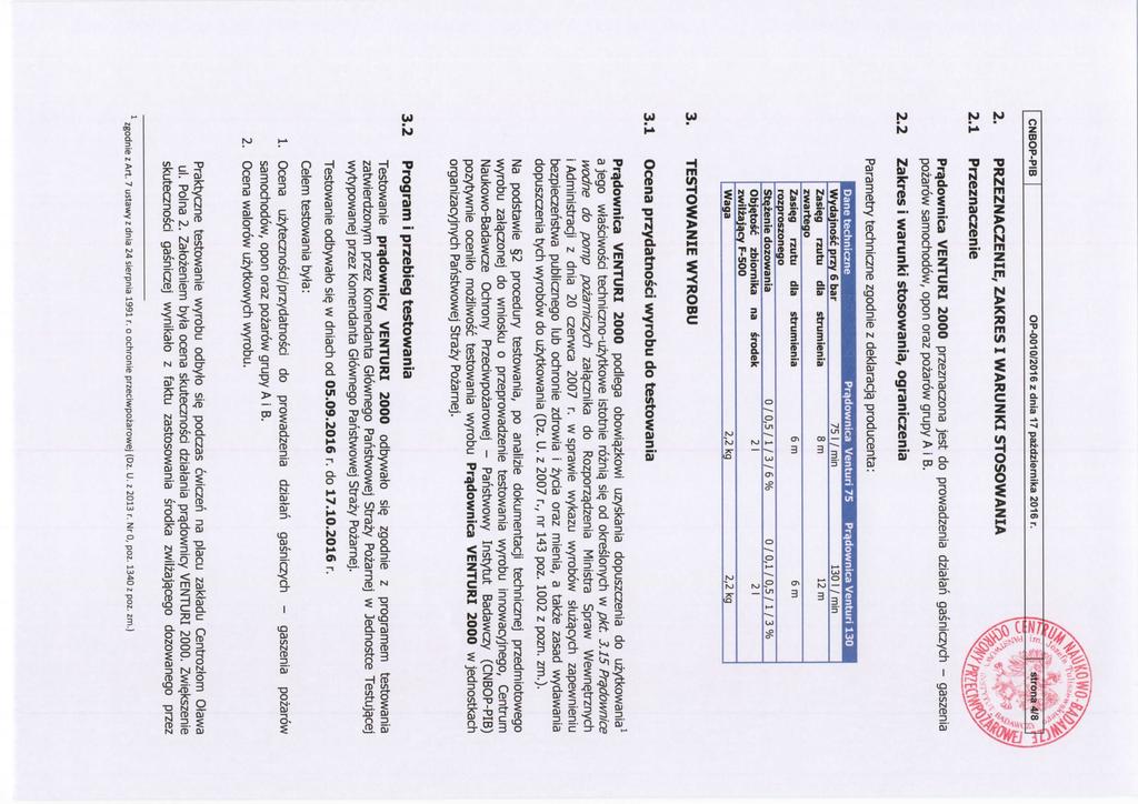 CNBOP-PIB OP-0010/2016 z dnia 17 pazdziernika 2016 r. 2. PRZEZNACZENIE, ZAKRES I WARUNKI STOSOWANIA 2.