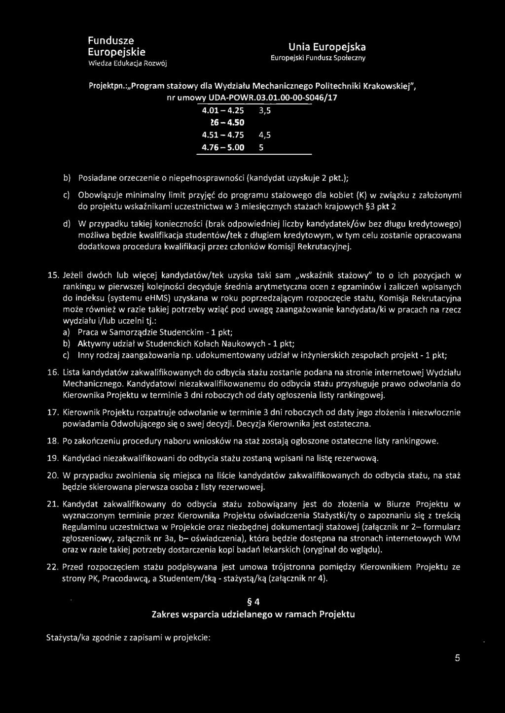 ); c) Obowiązuje minimalny limit przyjęć do programu stażowego dla kobiet (K) w związku z założonymi do projektu wskaźnikami uczestnictwa w 3 miesięcznych stażach krajowych 3 pkt 2 d) W przypadku
