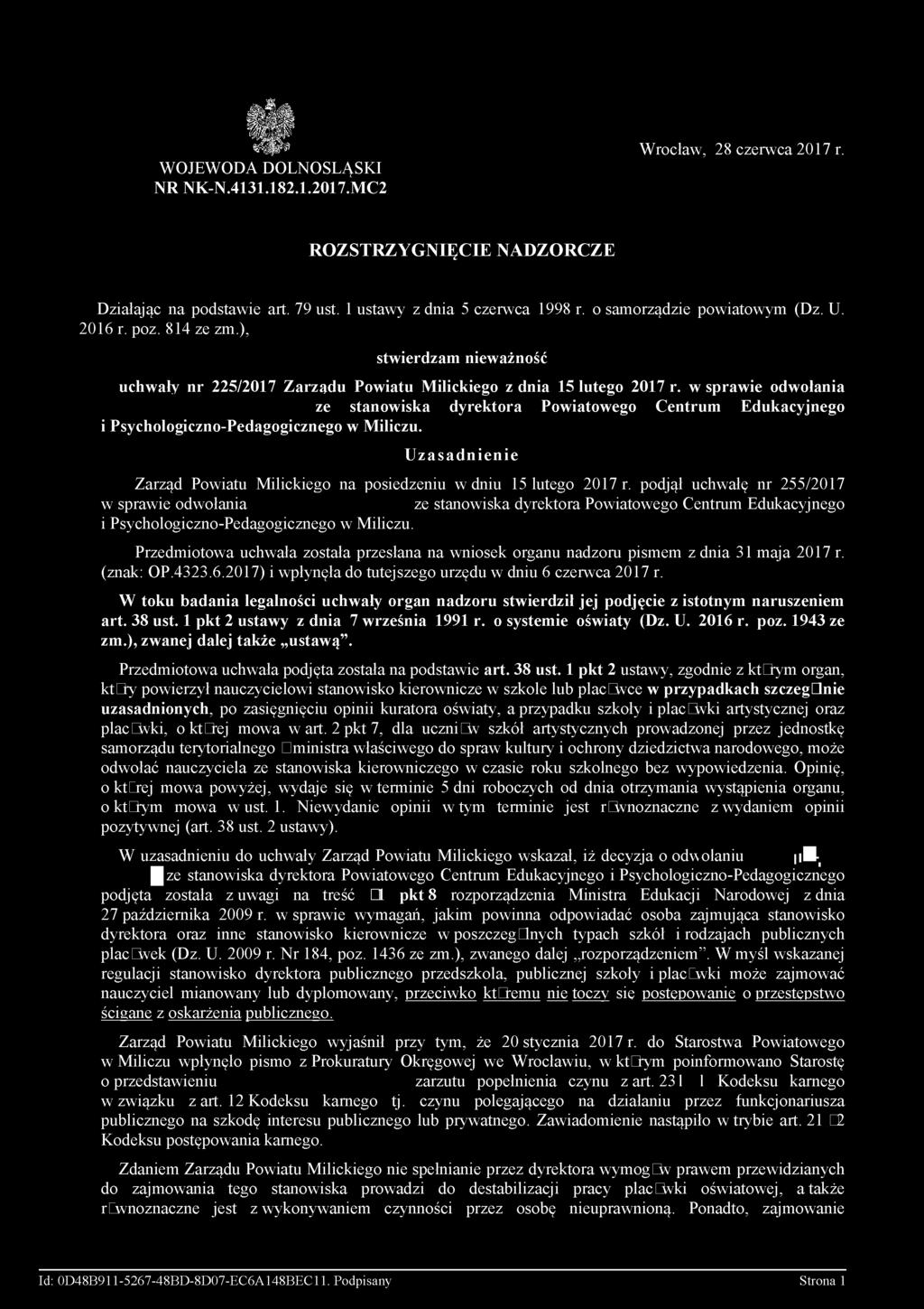 w spraw ie odwołania i Psychologiczno-Pedagogicznego w Miliczu. Uzasadnienie Zarząd Powiatu Milickiego na posiedzeniu w dniu 15 lutego 2017 r.