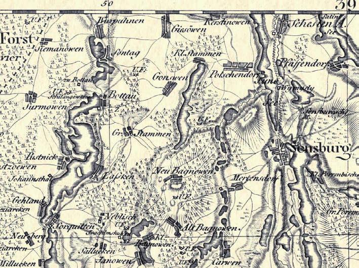 Rys. 7. Fragment mapy Prus Wschodnich Schroettera z 1803 r. z istniejącym zbiornikiem wodnym (jeziorem) w miejscu dzisiejszego gytiowiska, na północ od rezerwatu Gązwa.