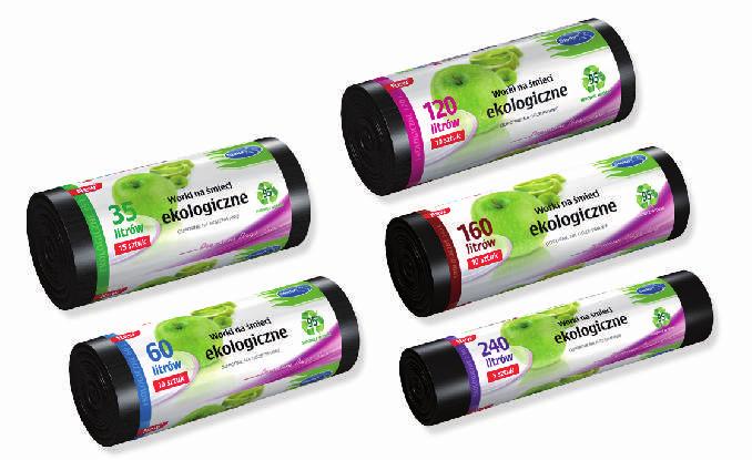 worki, reklamówki Worki na śmieci ekologiczne LDPE - surowiec w 95% pochodzi z odpadów foliowych przetworzonych w procesie recyklingu - wykonane z grubej folii LDPE