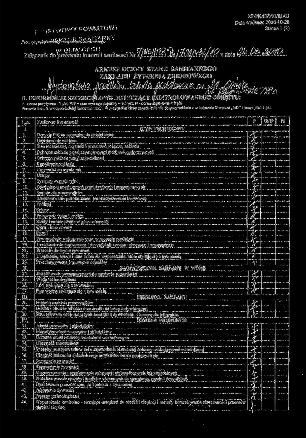 . ZF/PK/HŻ/01/0.1/03 Strona l (2) Pieczęć pąńśtwawsfeó inspektora sanitarnego Załącznik do protokołu kontroli sanitarnej dnia ARKUSZ OCENY STANU SANITARNEGO ZAKŁADU ŻYWIENIA ZBIOROWEGO /Vvi II.