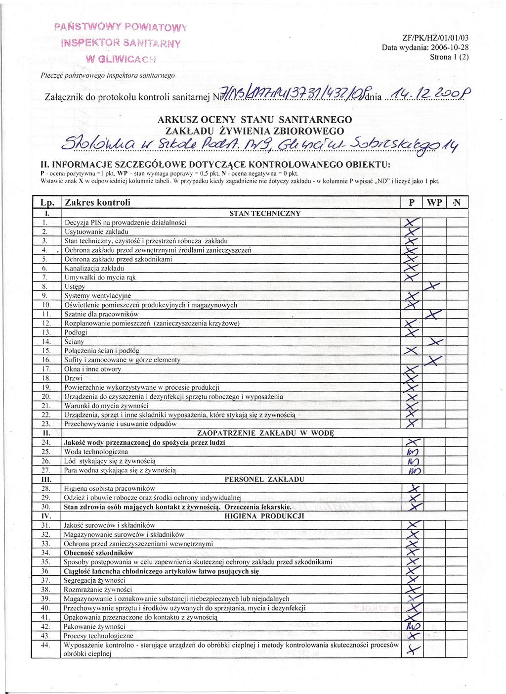 ?AŃST\'OWY POWATOW p' ZFIPKJHŻ/O l lo l103 INSPEKTOR SA?ITtjłNY Strona l (2) W GLliCJJC'i Pieczęć panstwowego Załącznik inspektora sanitarnego do protokołu kontroli sanitarnej N't!M!dP!-rf!!/9t$1!tr1?