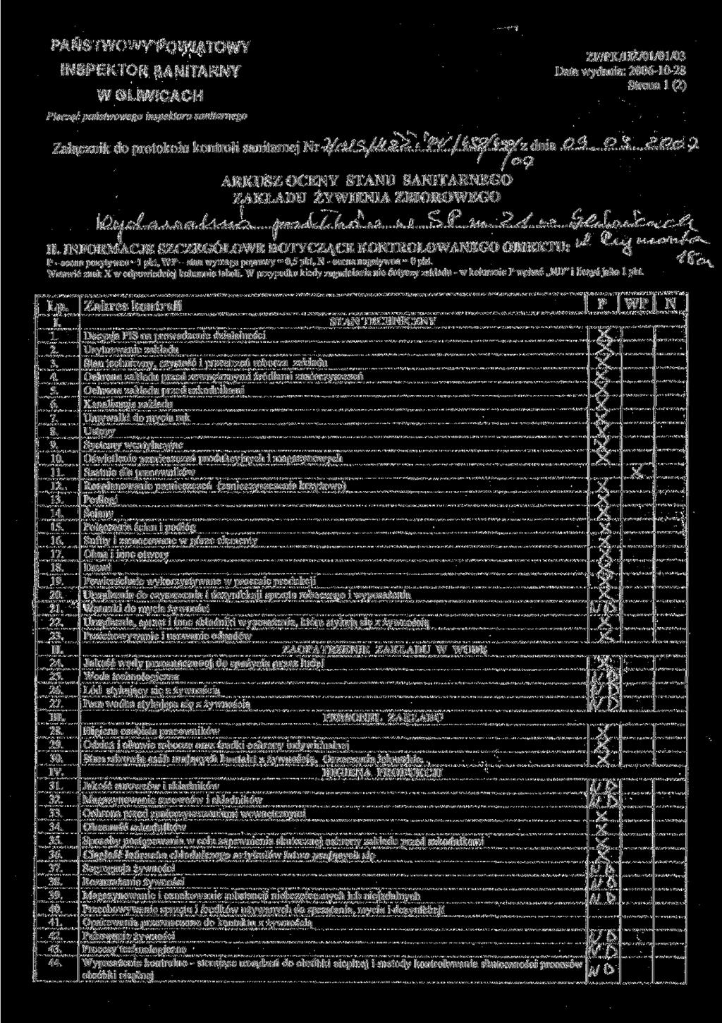 PAŃSTWO' S -'VYT5OV}«IATOWY INSPEKTOR SANITARNY W GLIWECACH Pieczęć państwowego inspektora sanitarnego ZF/PK/HŻ/01/01/03 Data wydania: 2006-10-28 Strona l (2) Załącznik do protokołu kontroli