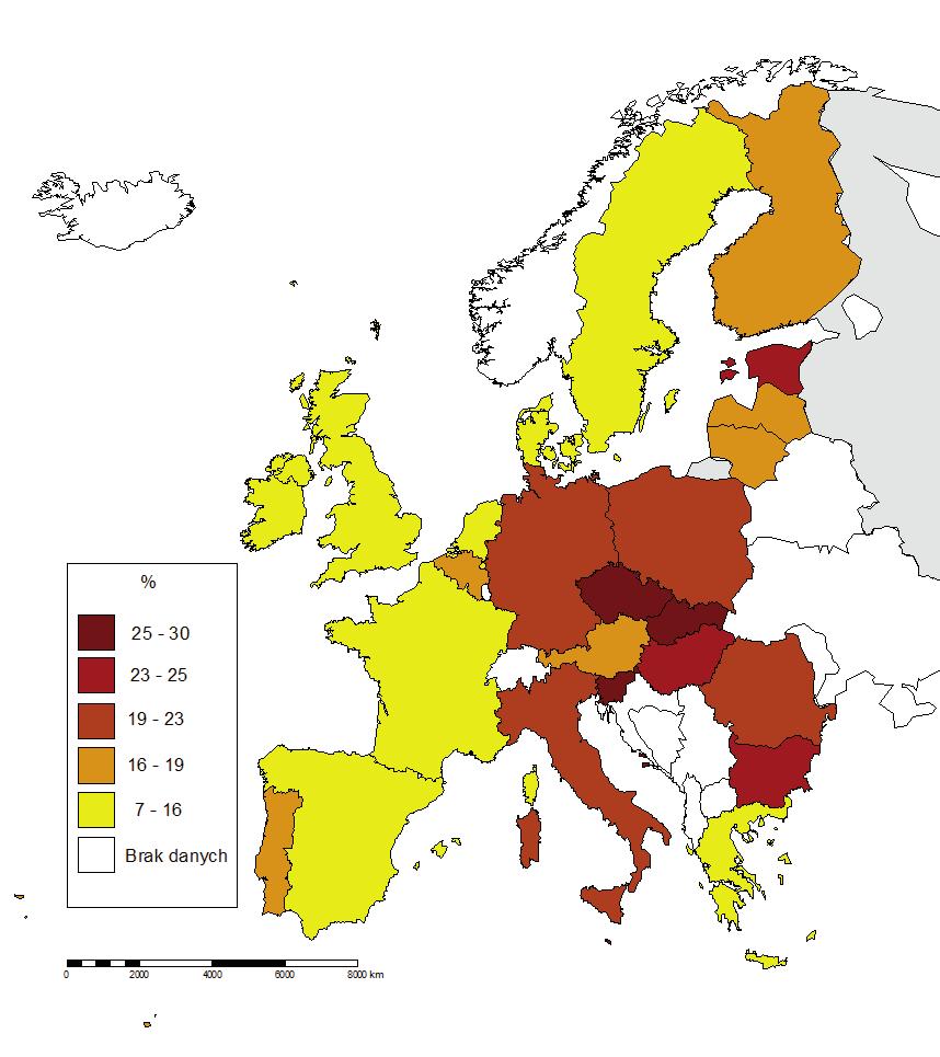 - Tomasz Rachwał, Marta Boguś - Ryc. 2. Udział przemysłu w zatrudnieniu w Europie w 2010 r. 3 Źródło: opracowanie własne na podstawie bazy danych Eurostat.