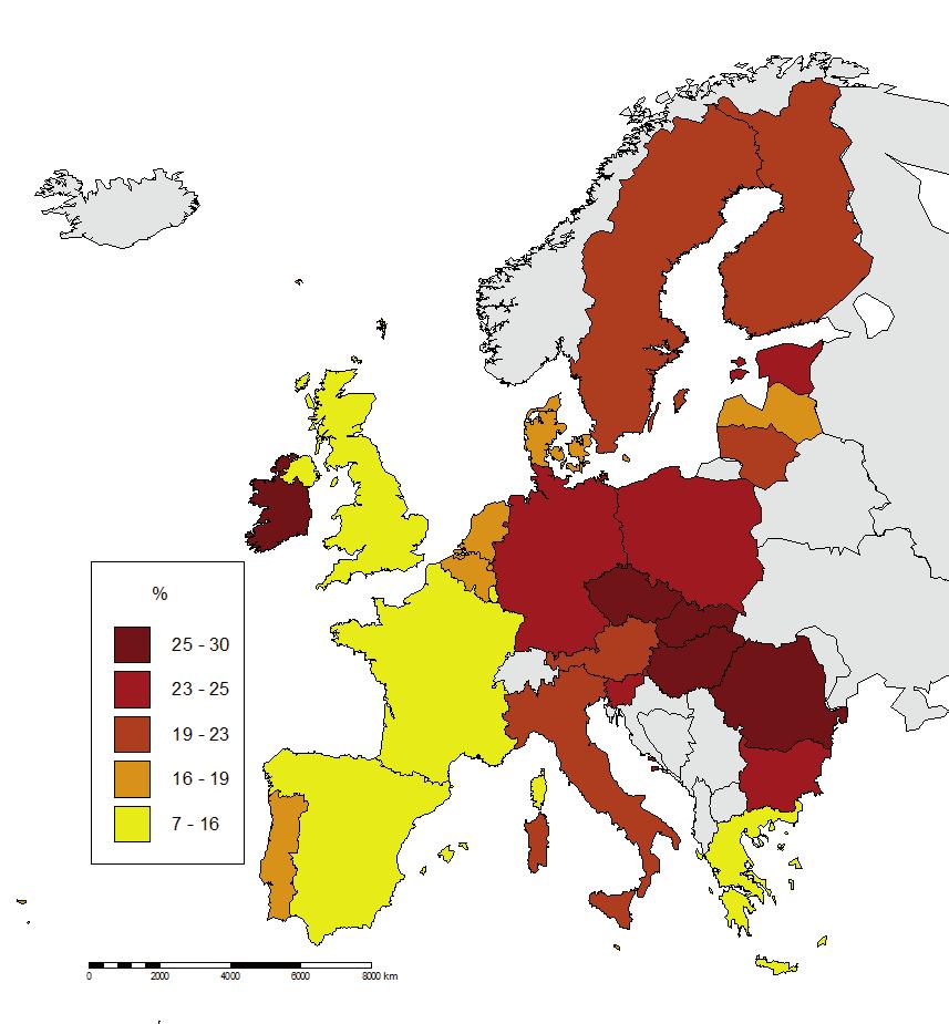 - Tomasz Rachwał, Marta Boguś - Ryc. 4. Udział przemysłu w wartości dodanej brutto w Europie w 2010 r. Źródło: opracowanie własne na podstawie bazy danych Eurostat.