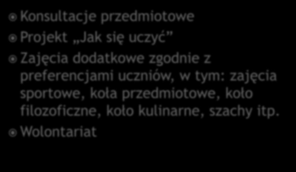 Konsultacje przedmiotowe Projekt Jak się uczyć Zajęcia dodatkowe zgodnie z preferencjami uczniów, w