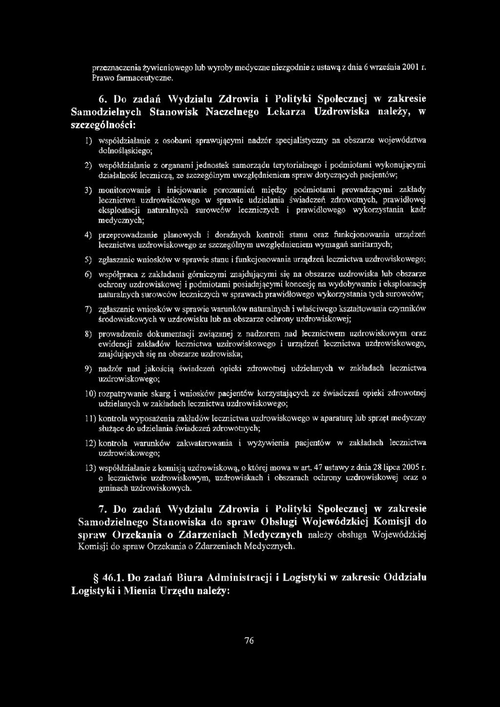 I)o zadań Wydziału Zdrowia i Polityki Społecznej w zakresie Samodzielnych Stanowisk Naczelnego Lekarza Uzdrowiska należy, w szczególności: 1) współdziałanie z osobami sprawującymi nadzór