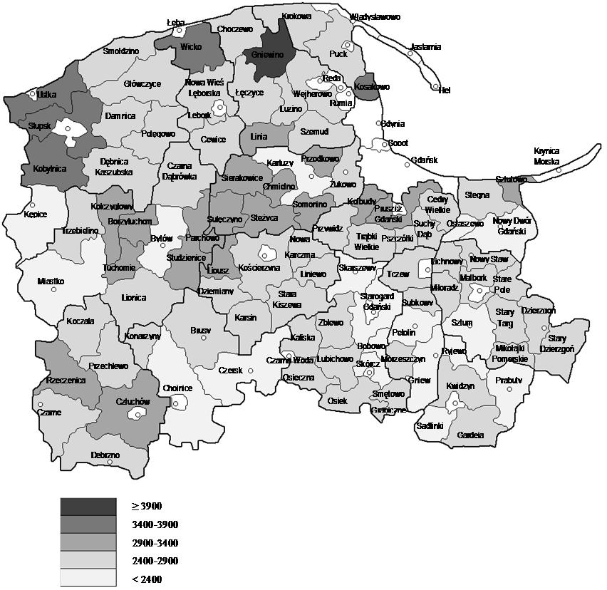 76 L. Ossowska, A. Ziemińska Rys. 1. Dochody budżetów gmin na jednego mieszkańca w gminach wiejskich i miejsko- -wiejskich województwa pomorskiego (średnia z lat 2007-2009) (zł) Fig. 1. Communes total revenue per capita in rural and urban-rural communes of the Pomorskie Voivodeship (2007-2009 average) (PLN) Source: own survey based on GUS data.