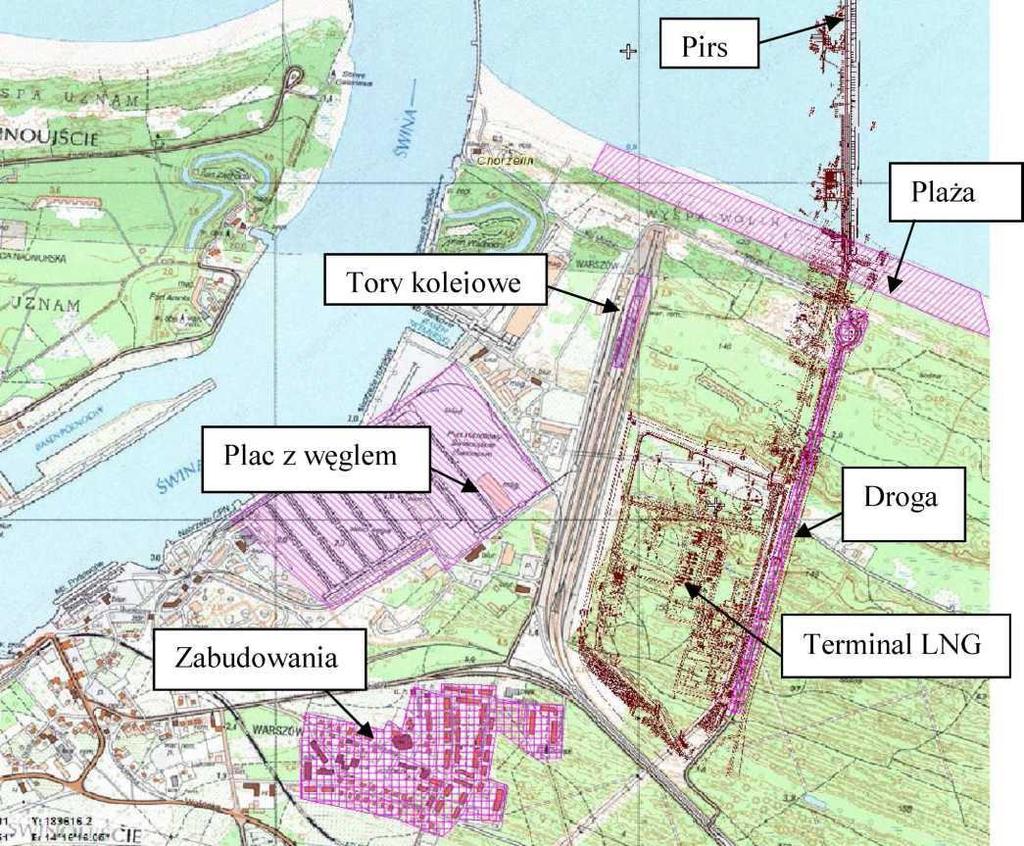 Rysunek 1 - lokalizacja Terminalu LNG. Terminal LNG składa się z następujących części: 1) części morskiej, obejmującej stanowisko rozładunkowe zbiornikowców LNG (pirs) umiejscowione ok.
