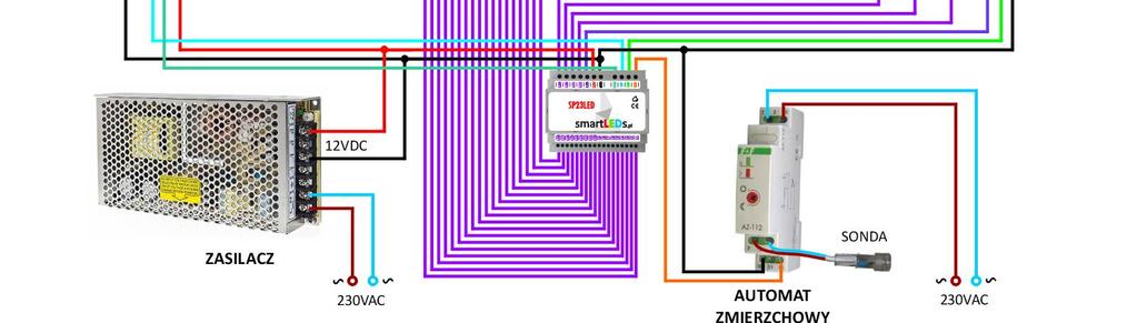 Instalacja schodowa ze wspólnym zasilaczem Sterownika, czujników CRSW1 i lamp, z lampą Master, ze sterowaniem za pomocą czujników schodowych CRSW1, z funkcją zapalania