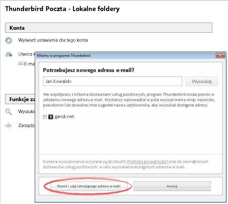 1.2 Konfiguracja IMOPOCZTY w Mozilla Thunderbird krok II W następnym kroku