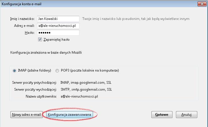 Thunderbird spróbuje automatycznie wyszukać konfigurację dla podanej skrzynki pocztowej, jednak sugerowane przez niego ustawienia nie będą właściwe.