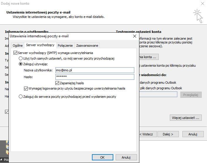 2.4 Konfiguracja IMPOCZTY w Outlooku krok IV Po zatwierdzeniu zmian należy przejść dalej przyciskiem do testu połączenia.
