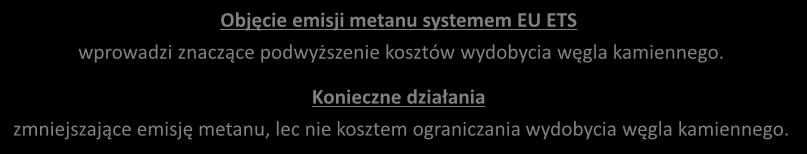 Przedeksploatacyjne ujęcie metanu z pokładów węgla vs. Emisja metanu w systemie EU ETS Objęcie emisji metanu systemem EU ETS wprowadzi znaczące podwyższenie kosztów wydobycia węgla kamiennego.