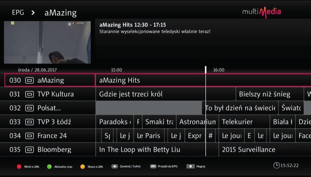 Przewodnik po programach EPG Po naciśnięciu na pilocie dekodera przycisku EPG (Program TV) włącza się tryb elektronicznego