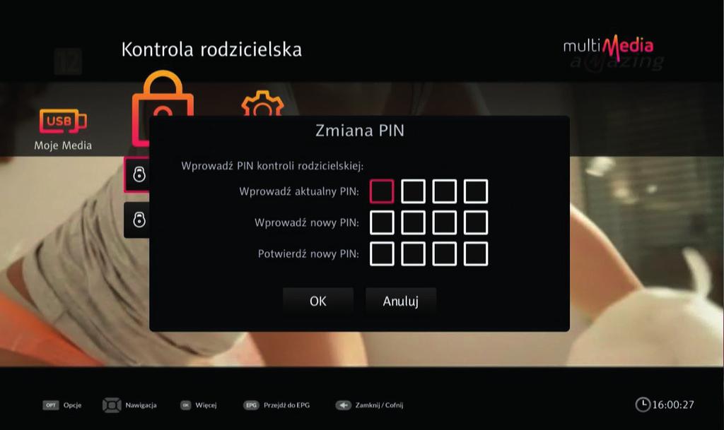 Kod PIN Kod PIN służy do zabezpieczenia dostępu do wybranych funkcji dekodera, np. kontrola rodzicielska lub zmiana kluczowych ustawień dekodera. Fabrycznie kod PIN to: 1234.