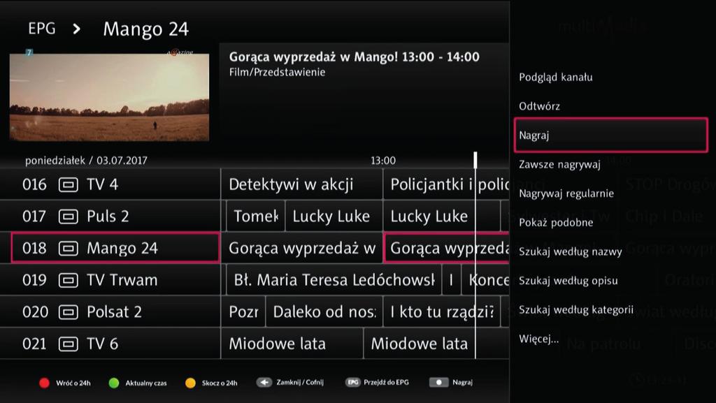 Nagrywanie oglądanego programu Jeżeli chcemy rozpocząć nagrywanie aktualnie oglądanego programu, wystarczy wcisnąć klawisz nagrywania na pilocie.