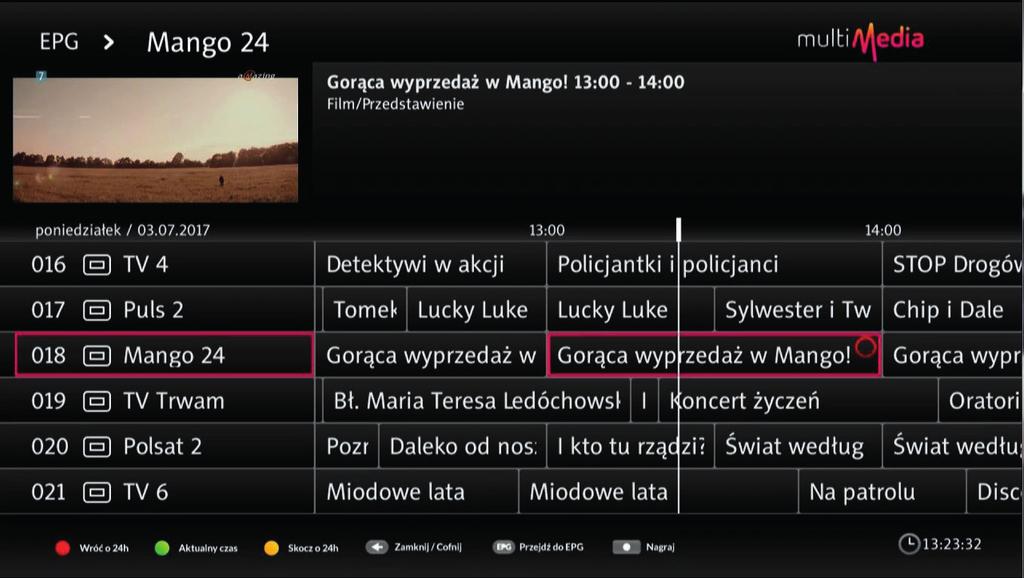 Nagrywanie z poziomu EPG Jeżeli chcemy zaplanować nagrywanie wybranej pozycji z EPG, wystarczy ją podświetlić (korzystając z klawiszy strzałek na pilocie) i wcisnąć klawisz nagrywania na