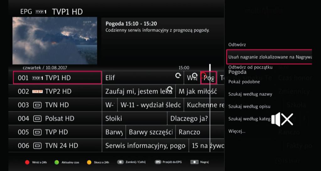 Nagrywanie z poziomu EPG Jeżeli chcemy zaplanować nagrywanie wybranej pozycji z EPG, wystarczy ją podświetlić (korzystając z klawiszy strzałek na pilocie) i wcisnąć klawisz nagrywania na zaznaczonej