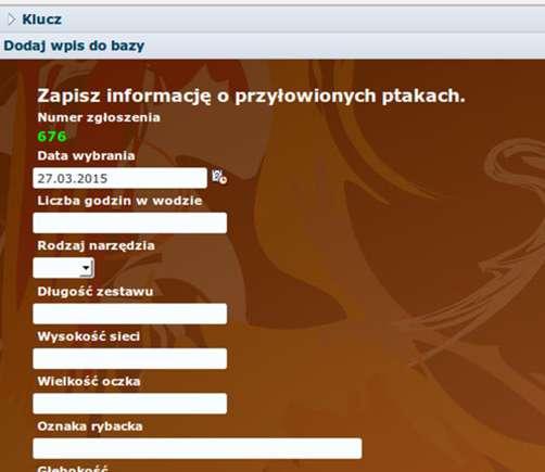 Rys. 65. Tabela do rejestracji operacji połowowych i przyłowu z rejestru przyłowu ptaków Aplikacja - wersja elektroniczna klucza została wdrożona z końcem marca 2015r.