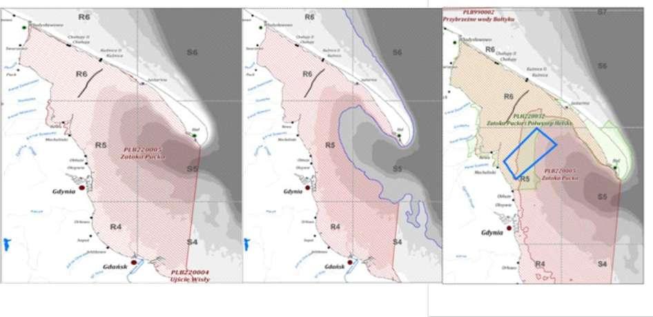 Rys. 2. Po lewej - zaznaczony na czerwono obszar PLB Zatoka Pucka Pośrodku zaznaczony na czerwono proponowany w projekcie planu ochrony (spotkanie konsultacyjne w dniu 17.10.