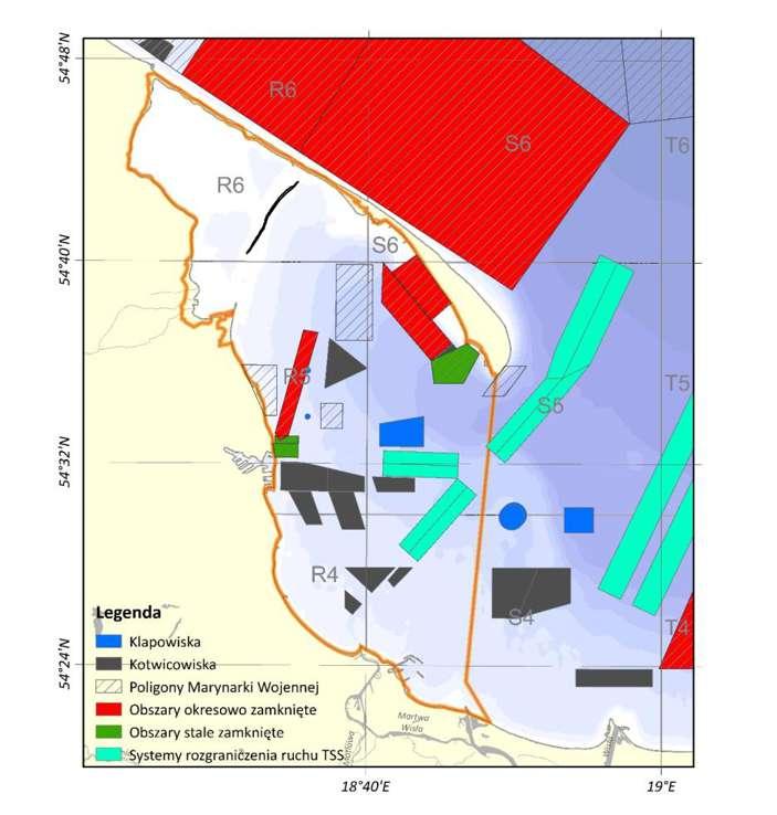 Rys. 22. Mapa obszarów, na których obowiązują ograniczenia i zakazy wykonywania rybołówstwa na Zatoce Puckiej, wynikające z innej działalności morskiej. Stan prawny w trakcie realizacji projektu.