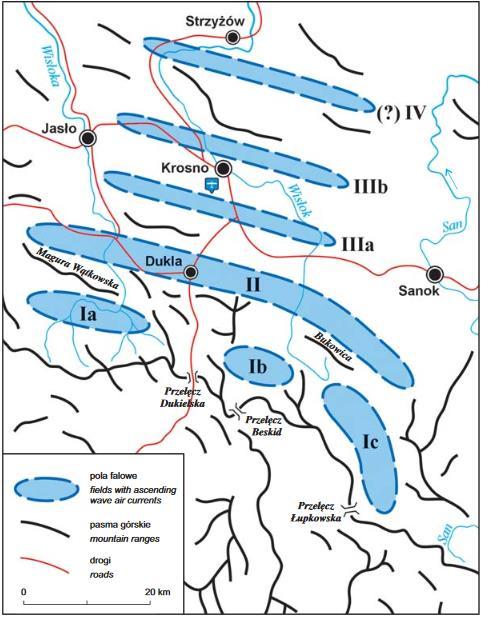 Na ilustracji nr 8 pokazano miejsca występowania pól falowych w Beskidzie Niskim, a na ilustracji nr 9 pokazano położenie III pola falowego, strefy rotorów i zaznaczono miejsce