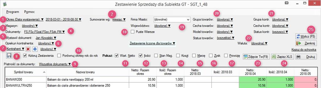 Wybierając konkretną walutę mamy możliwość otrzymania danych w tej walucie (np. EUR). W ten sposób program policzy nam obrót w EUR a nie przeliczony na PLN.