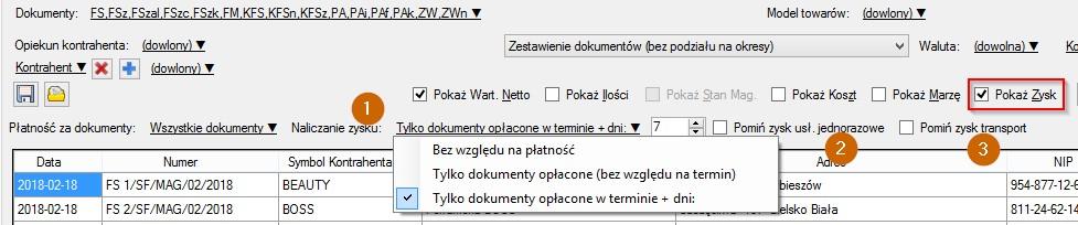 11. - 17. Opcje które dane będą widoczne na zestawieniach.