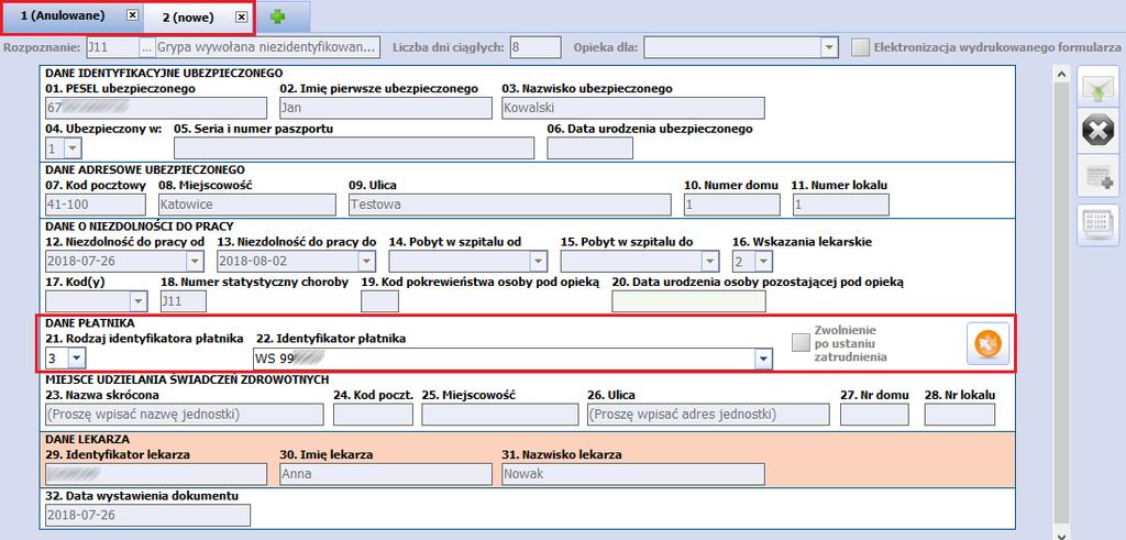 Wystawienie zwolnienia lekarskiego e-zla Na formatce zostanie dodana nowa zakładka zwolnienia z danymi skopiowanymi z anulowanego dokumentu.