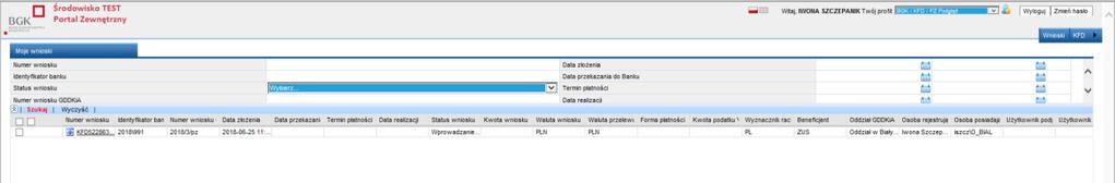 GENEROWANIE DOKUMENTÓW 1. Aby wygenerować dokument należy ustawić się w menu górnym w zakładce KFD. Wówczas system wyświetli zakładkę Załącznik do wniosków, którą należy wybrać. Rys. 27 2.