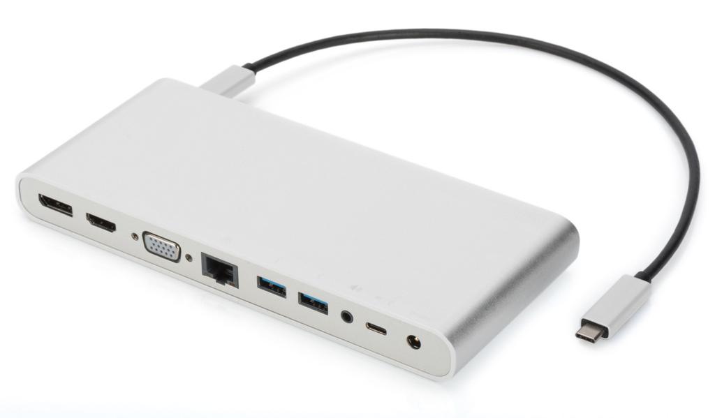 Stacja jest wyposażona w: złącza VGA, HDMI i DisplayPort do transmisji sygnału wideo, cztery porty USB typu A do przesyłu danych, jedno żeńskie złącze USB typu C do przesyłu danych