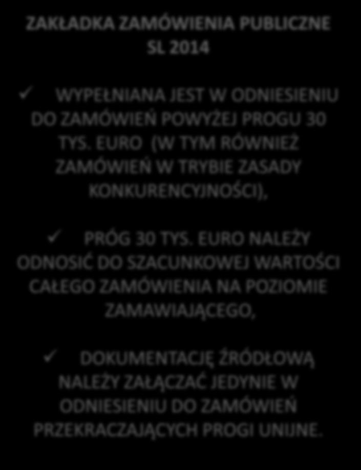 ZAMÓWIENIA PUBLICZNE ZAKŁADKA ZAMÓWIENIA PUBLICZNE SL 2014 WNIOSEK O WSZCZĘCIE POSTĘPOWANIA WYPEŁNIANA JEST W ODNIESIENIU DO ZAMÓWIEŃ POWYŻEJ PROGU 30 TYS.