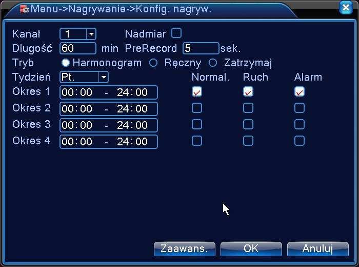 2.2.1 Konfiguracja nagrywania Wejdź do menu głównego i wybierz Nagrywanie Konfiguracja nagrywania, aby wyświetlić poniższe okno. Ustaw parametry nagrywania dla każdego kanału.