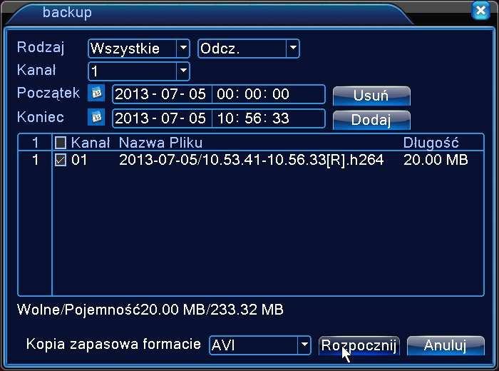 RYSUNEK 2.2 BACKUP Wykryj: Identyfikacja i informacja o urządzeniu podłączonym do gniazda USB. Backup: Naciśnij ten przycisk aby przejść do kolejnego kroku wykonania kopi zapasowej nagrania.