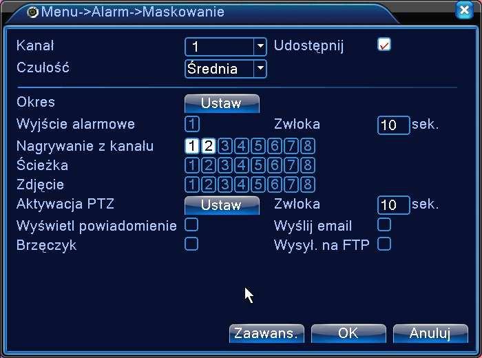 * Tak samo jak dla detekcji ruchu, zamaskowanie video różni się w trybie pracy Hybrydowej oraz w cyfrowym trybie IP. Kanały cyfrowe IP trzeba ustawić lokalnie, aby wykrywały zamaskowanie. RYSUNEK 2.