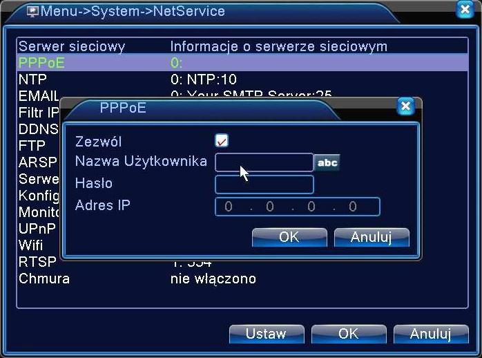RYSUNEK 2.22 USŁUGI SIECIOWE PPPOE połączenie sieciowe typu PPPOE RYSUNEK 2.23 PPPOE Włącz (Zezwól): Zaznaczenie pola oznacza aktywacje danej usługi.