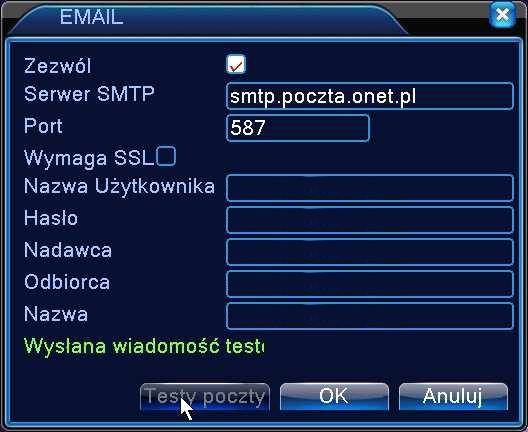 Przykładowa konfiguracja konta e-mail jest podana poniżej. Dane konta należy pobrać od swojego dostawcy konta pocztowego. RYSUNEK 2.25 E-MAIL SMTP Server: Wpisz adres serwera.
