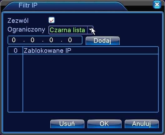 IP FILTR System może zarządzać uprawnieniami dostępu przez sieć. Włącz (Zezwól): Zaznaczenie pola oznacza aktywacje danej usługi.
