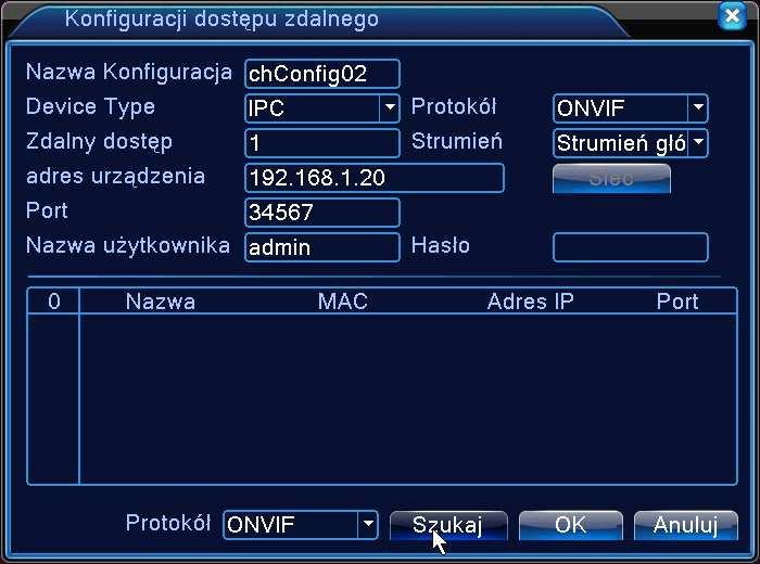 RYSUNEK 2.42 USTAWIENIE KAMERY IP Nazwa Konfiguracja: Urządzenie ma domyślnie przypisaną. Użytkownik może w razie potrzeby zmienić tą nazwę. Device Type: 3 typy: IPC DVR HVR Wybierz typ połączenia.