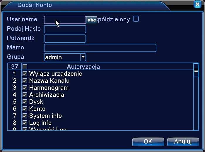 Wybierz użytkownika, wpisz stare hasło i dwa razy nowe hasło. Hasło może zawierać 1-6 cyfr, liter lub wybranych symboli. Spacja i niektóre znaki specjalne nie są dozwolone.
