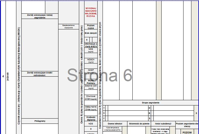 Widok ogólny dla edytowalnej części arkusza Chemiczne Tutaj można wybrać czynność zagrożoną