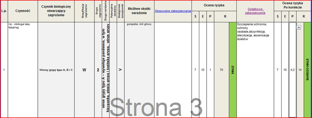 Tutaj można wybrać czynność zagrożoną czynnikiem biologicznym z rozwijanej listy czynności wpisanych w arkuszu Opis stanowiska pracy Tutaj należy wpisać istniejące zabezpieczenia oraz określić