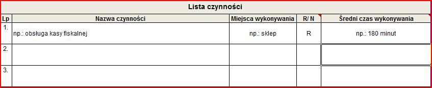 W tych polach umieszcza się informacje dotyczące nazwy wykonywanej czynności, w kolejnych arkuszach, wyboru czynności dokonuje się z wartości wpisanych