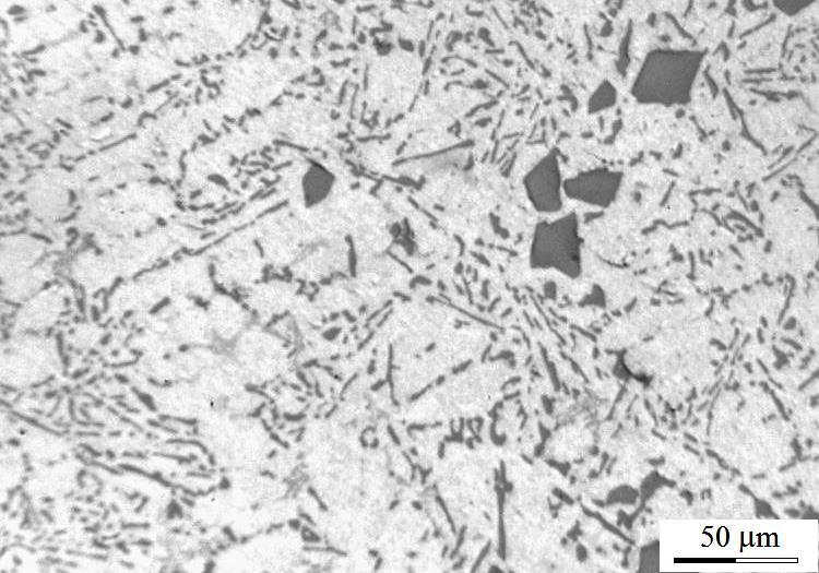 Po zastosowaniu obróbki cieplnej polegającej na połączeniu ujednorodniania z obróbką T6 następuje wyraźne rozdrobnienie i częściowa sferoidyzacja wydzieleń