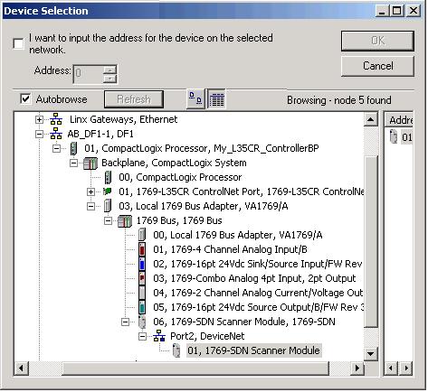 9-4 Konfiguracja sieci DeviceNet Ustaw adres węzła 1769-SDN 1. Uruchom program RSNetWorx for DeviceNet. 2. W menu Tools (Narzędzia) wybierz opcję Node Commissioning (Obsługa węzła). 3.