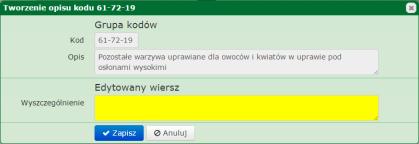 .7.1. Uwaga: pod wierszem dodaj nowy wiersz znajduje się wiersz do wpisywania wyrażeń filtrujących. 14.7.2. Dodawanie enenki (np. środka trwałego): 14.7.2.1. Wpisanie kodu-enenki po raz pierwszy spowoduje wyświetlenie okna, w którym należy podać nazwę (opis) środka trwałego i niezbędną charakterystykę: 14.