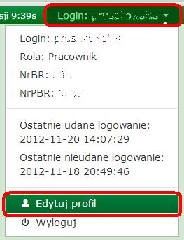 9. Edycja danych użytkownika: 9.1. Edycja danych możliwa jest po kliknięciu na informacje o zalogowanym użytkowniku, a następnie na pozycję w menu Edytuj profil : 9.2.